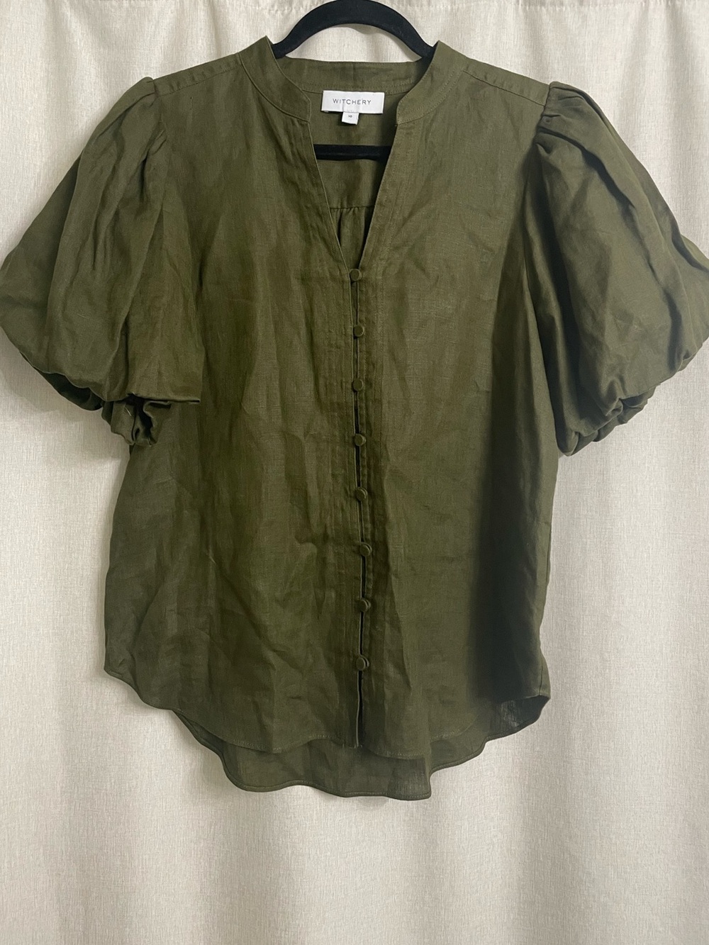 Witchery 100% Hemp Olive Puff Sleeve Button Blouse AU 10 US 6
